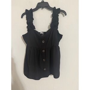 Staccato Black Ruffle Strap Babydoll Cami Top Smocked Back Button Front Medium